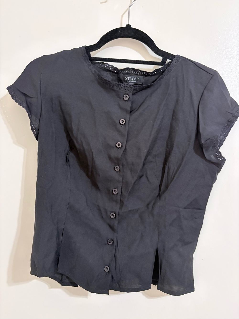 Studio Black Short-Sleeve Button Front Top with Skirt Set